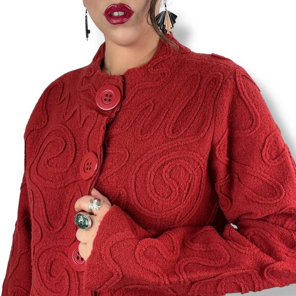 90's crimson pure wool abstract cardigan by NTCO NOMADIC TRADERS - Picture 16 of 17